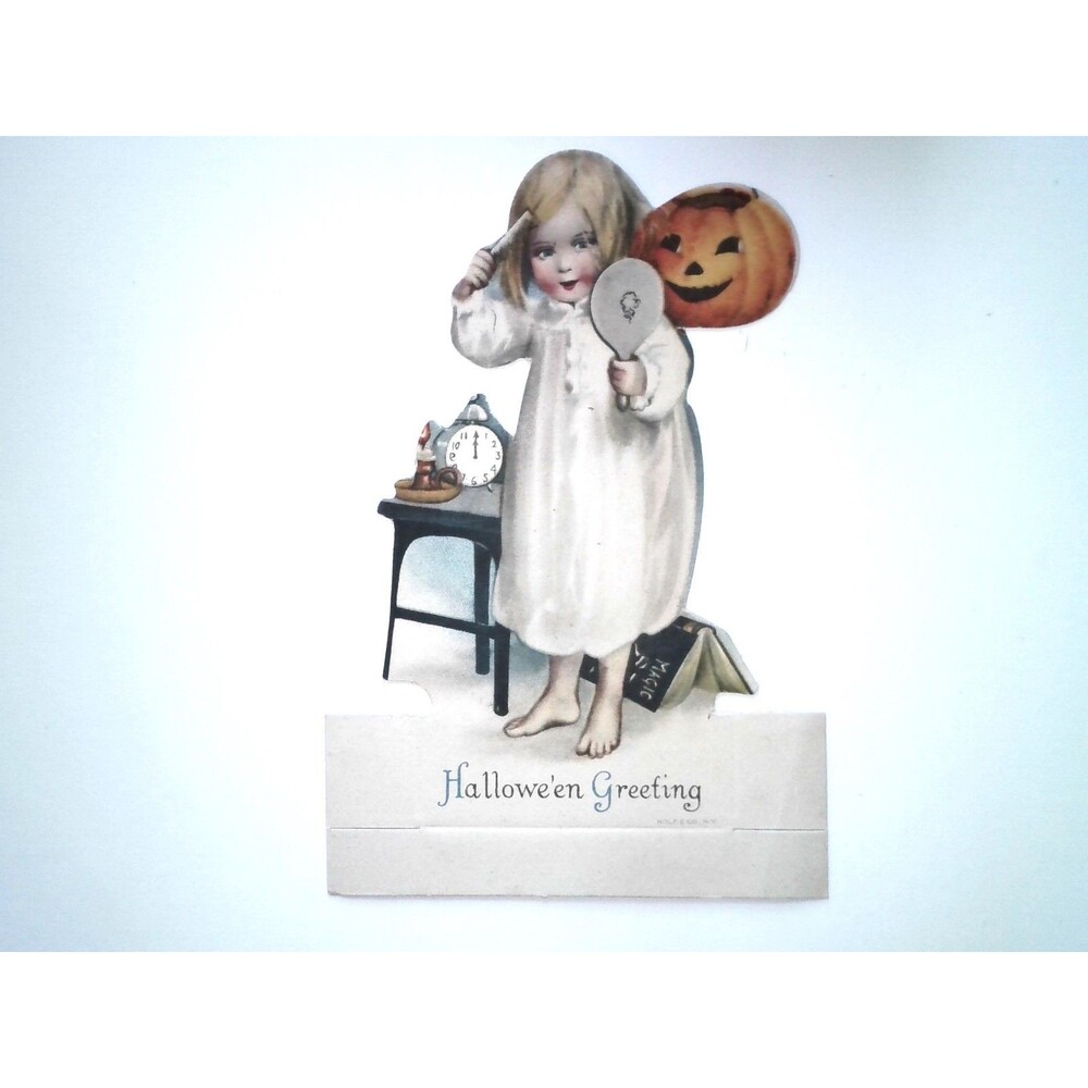 Halloween Diecut Place Card Ellen Clapsaddle Wolf Original Girl With Mirror Comb